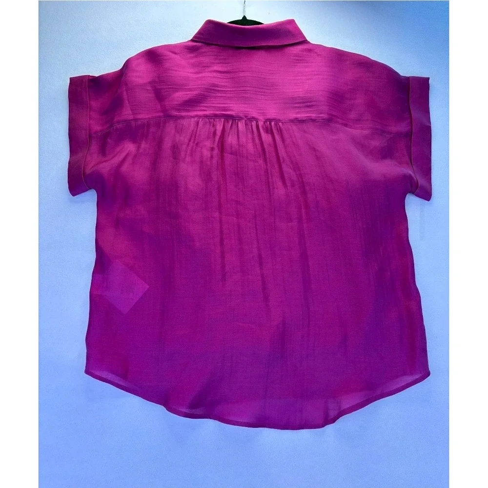 DKNY Womens Magenta Pink Short Sleeve Button Down Textured Shirt Size M NEW